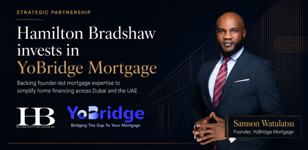 Samson Watulatsu, Founder of YoBridge Mortgages, with Hamilton Bradshaw and YoBridge branding