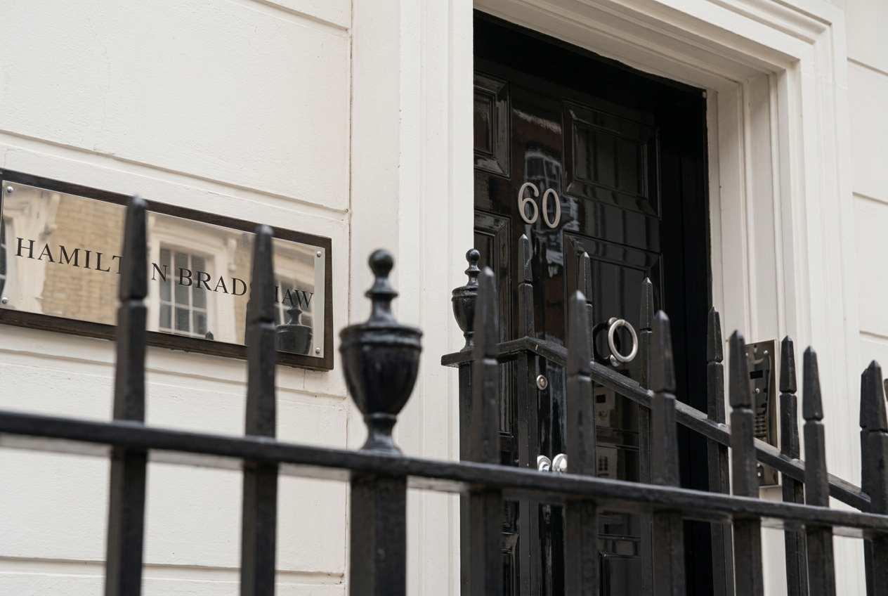 Entrance to Hamilton Bradshaw's London headquarters at 60 Grosvenor Street, Mayfair