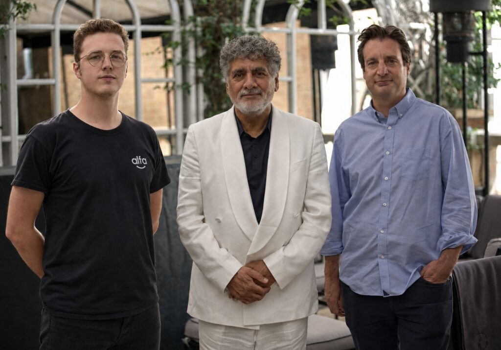 Alfie Whattam, CEO of Alfa AI, James Caan CBE, and Ed Godshaw, CTO of Alfa AI